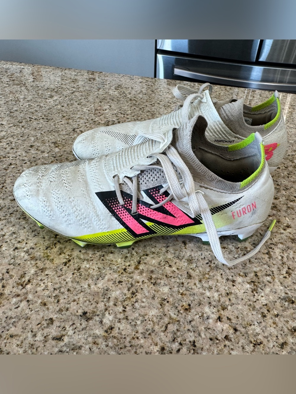 New Balance Kids White, Pink & Neon Green Soccer Cleats